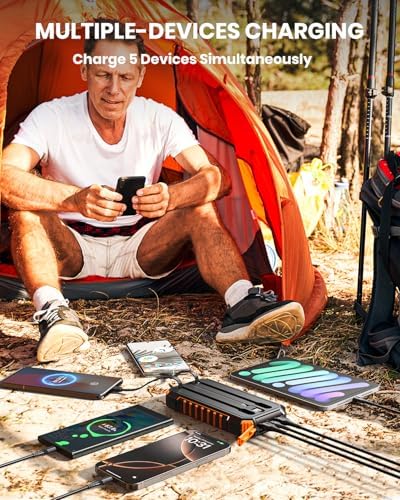 Hiluckey 27,000 m Ah Solar Power Bank with Built-in Cables – Ultra-Fast 15 W Outdoor Battery Pack for i Phone & Android – Charge 5 Devices at Once with Dual USB-A & USB-C Ports – Perfect for Camping, Travel, and Emergency Power Needs – Dual LED Flashlight for Enhanced Versatility and Safety