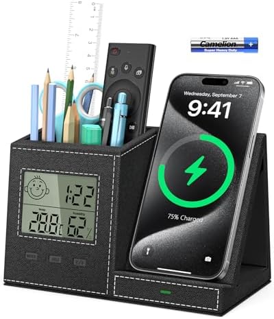 Multi-Functional Desk Organizer with Wireless Charging, Digital Thermometer & Humidity Monitor – Stylish Brown Pen Holder for Home Office Efficiency and Clutter-Free Workspace
