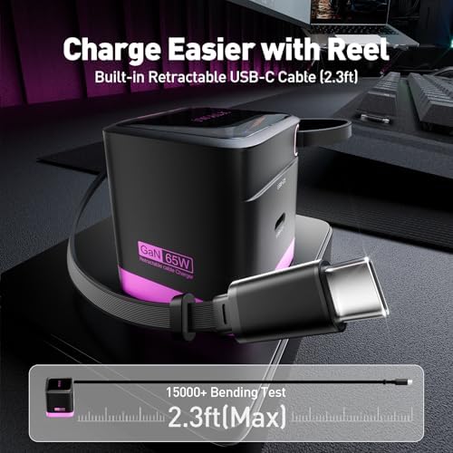 Compact 65 W Ga N Wall Charger with Retractable USB-C for Rapid Dual Device Charging – Ideal for Mac Book Pro, i Phone 16/15 Pro Max, i Pad Pro, Galaxy S25/S24, and More – Travel-Ready, Lightweight, and Versatile Power Solution for On-the-Go Professionals