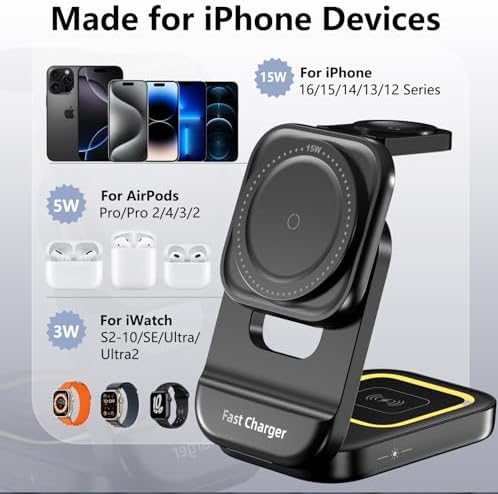 Mag Safe-Compatible 3-in-1 Wireless Charging Station – 15 W Foldable Magnetic Charger for i Phone 16/15/14/13/12, Apple Watch, and Air Pods – Portable Multi-Angle Design for Home, Office, and Travel with Fast Charging & Safety Features – Ideal Gift for Tech Enthusiasts