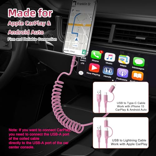 Revolutionary 2-in-1 Coiled USB to USB-C & Lightning Cable – MFi Certified for Fast Charging & Data Sync – Compatible with Apple Carplay & Android Auto – Stylish Pink Design for i Phone 16/15/14/13 & Android Devices – Tangle-Free Convenience for Modern Users