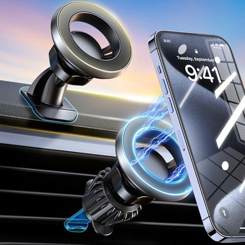 Revolutionary Qi2 Mag Safe Car Mount for i Phone 16 Pro Max – 2-in-1 Dashboard & Air Vent Holder with Strong Adhesive, Heat-Resistant Design, 360° Rotational Capability & Magnetic Convenience for Enhanced Driving Safety and Seamless Access to Navigation & Music