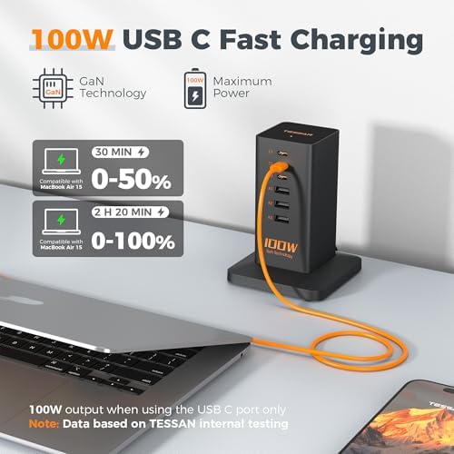 TESSAN 30 W 9-in-1 Multi-Device Charging Station with Surge Protection – Ultimate Charger Block for i Phone 16/15/14/13, Tablets, and Earphones – 5 ft Flat Extension Cord with 4 USB A & 2 USB C Ports – Compact Design for Home, Office, or Dorm – Enhanced Safety and Efficiency
