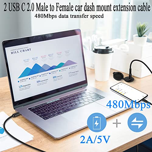 QIANRENON Waterproof Dual USB C 2.0 Threaded Flush Mount Extension Cable – 1 m (3.3 ft) Male to Female Connector for Cars, Boats, Trucks, and Motorcycles – Reliable Charging and Data Transfer Solution for Outdoor Adventures