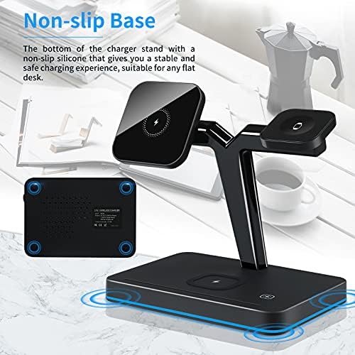 Transform Your Charging Experience with the 15 W Magnetic Wireless Charger – Ultimate 3-in-1 Qi Fast Charging Hub for i Phone 14/13/12, Apple Watch Series 7/SE/6/5/4/3/2 & Air Pods 3/2/Pro – Effortless Magnetic Alignment, Sleek Aesthetic, and Instant Use with Included Adapter – Maximize Performance and Extend Device Longevity for Home and Office Use