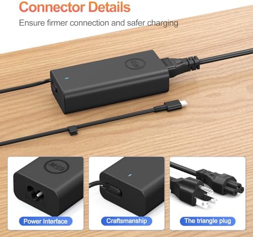 High-Performance 65 W USB-C Laptop Charger for Dell XPS, Latitude, and Inspiron Series – Rapid Charging Power Supply for Enhanced Compatibility and Safety Features