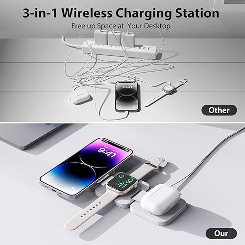 Revolutionary 3-in-1 Fast Wireless Charging Station – Magnetic & Foldable for Seamless Charging of i Phone 16/15/14/13/12/Pro/Max, Apple Watch 9/8/7/6/5/4/3/SE, and Air Pods 3/2/Pro – Compact, Portable, and Efficient 5 W Power Solution for the Modern User