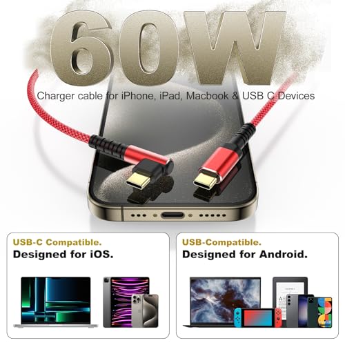 Maximize Your Charging Efficiency with 3-Pack 10 FT 60 W USB C to USB C Cables – Durable Braided Design, Ergonomic Right Angle Connector for Seamless Use with i Phone 16/15 Pro Max Plus, Galaxy S25/S24, i Pad Pro/Air, Mac Book Pro/Air – Ideal for Home, Office, and Travel Convenience
