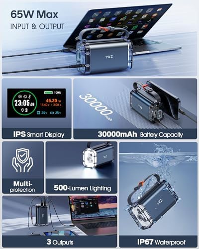 Ultimate 30000 m Ah Portable Power Bank – 65 W USB-C PD Fast Charger with Smart Digital Display for Laptops, Tablets, and Smartphones – Universal Multi-Device Compatibility for Mac Book, Dell XPS, i Pad, Steam Deck, i Phone, and Samsung – Essential Travel Power Solution