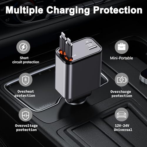 Ultra-Compact 4-in-1 Retractable Car Charger – Dual Type-C and USB Ports, Super Fast Charging for Samsung Galaxy Note Series and More – Multi-Device Convenience for Road Trips and Daily Commutes