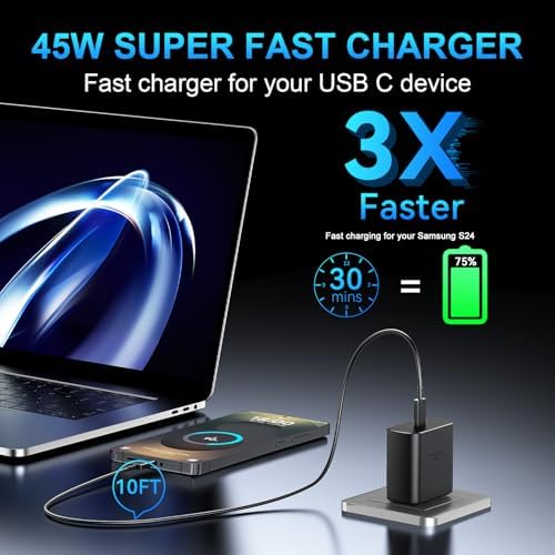 45 W Super Fast USB-C Charger for Samsung Galaxy | Dual Port Fast Charging Block with 10 FT Cable | Ultimate Compatibility for Galaxy S25/S24/S23/S22 Series | Efficient, Reliable, and Travel-Friendly Charging Solution