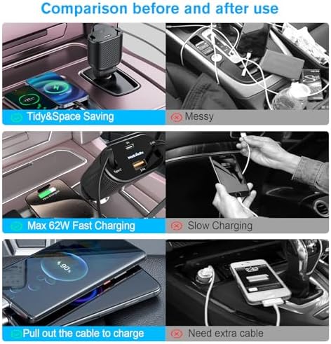 Magjieyx 62 W Retractable Car Charger: 4-in-1 Fast Charging Adapter for Ultimate On-the-Go Power – Compatible with i Phone 16/15/14/13/12 Pro Max Plus, i Pad, Air Pods, Galaxy – Quick Charge & Power Delivery Enabled for Rapid Device Charging – Tangle-Free Convenience for Commuters and Travelers
