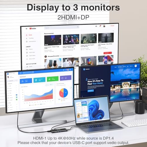 Transform Your Workspace with the Ultimate 14-in-1 USB-C Docking Station – Elevate Productivity with Dual Monitor Support, 2 HDMI & Display Port Outputs, 7 Versatile USB Ports, Stable Ethernet Connectivity, and Audio Output – Ideal for Dell, HP, Lenovo Think Pad & Surface Laptops – Sleek Silver Design for Professional Environments
