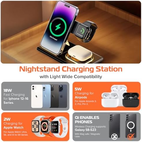 Spracht Flex Charge 3-in-1 Portable Charging Station – 25 W Fast Wireless Charger for Smartphones, Smartwatches, and Earbuds with Integrated Night Light – Foldable Travel-Friendly Design for Enhanced Device Compatibility – Sleek Black Finish for Home and On-the-Go Power Solutions