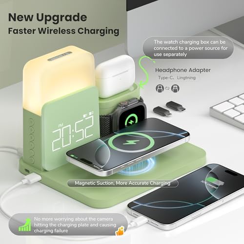 Multifunctional 7-in-1 Wireless Charging Station with Dual Alarm Clock – Seamlessly Compatible Dock for i Phone 16/15/14/13/12/11/Pro/Max, Samsung Phones, Apple Watch 9/8/7/6/5/SE, and Air Pods – Fast Charging, Night Light, and Safety Features for Ultimate Convenience and Style