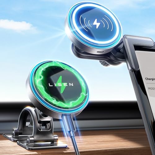 LISEN 15 W Mag Safe Tesla Phone Charger Mount for Model Y & 3 – 2024 Upgrade for Enhanced Fast Wireless Charging & Secure Dashboard Integration – Perfect for i Phone 16/15 Pro Max Users Seeking Convenience & Style