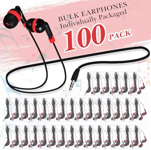 Kanayu 100-Pack Classroom Wired Earbuds – High-Quality Red Headphones with 3.5 mm Jack for Enhanced Learning Experiences, Individually Packaged for Hygiene and Easy Distribution, Ideal for Focused Listening in Libraries and Classrooms, Distraction-Free Design Without Microphone