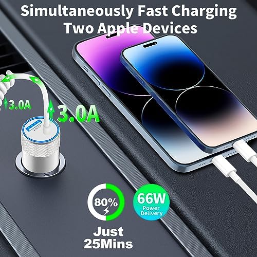 Rombica 105 W MFi Certified Dual USB-C & USB-A Fast Car Charger for i Phone 16 Pro Max – Ultimate Portable Power Solution with 6 FT Coiled Type-C Cable for Rapid Charging on the Go, Perfect for Road Trips and Daily Commuting