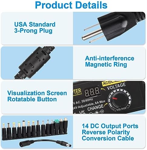 Universal Adjustable DC Power Supply Adapter, 3 V-24 V, 3 A, 72 W – Versatile AC to DC Converter with 14 Interchangeable Tips for Maximum Device Compatibility and Enhanced Performance