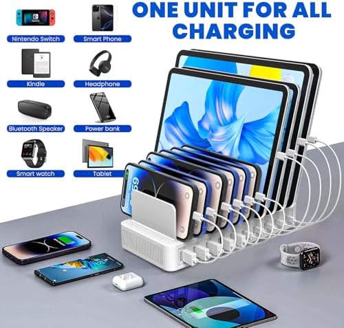 Multi-Device Charging Station with 10 Ports and Smart IC Technology – 100 W Power Dock with Adjustable Dividers and 10 Cables for Efficient Charging of i Phone, Galaxy, i Pad, Tablets – Space-Saving Flat Plug Design for Home and Office Use