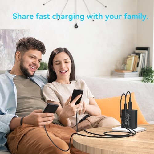 40 W USB C Charger Block – Dual Pack of 4-Port Fast Charging Power Bricks with PD & QC 3.0 Technology for i Phone 16/15/14/13/12/11 Pro Max, i Pad, Galaxy, Pixel – Sleek White & Blue Design for Convenient Multi-Device Charging