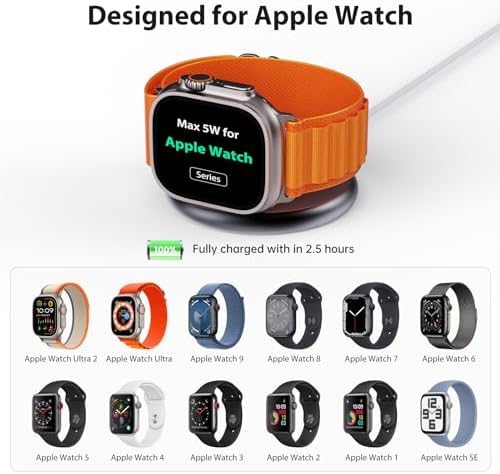 Ultra-Fast 5 W Wireless Charger for Apple Watch – Sleek Aluminum Alloy Magnetic Charging Station with USB-C Cable, Portable Design for All i Watch Series (Ultra/9/8/7/6/5/4/3/2/SE) – Ultimate Travel Companion for Quick Power-Up and Style