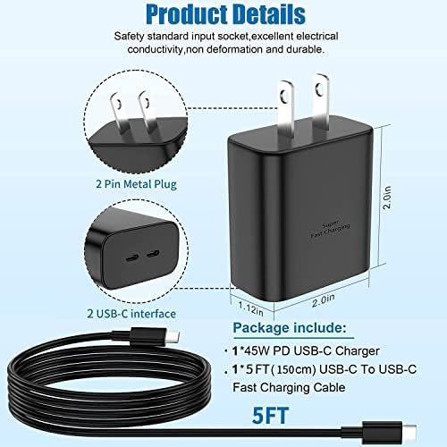 Ultra-Fast 45 W Dual Port USB-C Wall Charger for Samsung Galaxy S Series – Rapid Charging with 5 FT Type C Cable – Perfect for S25, S24, S23 Models – Compact & Portable Power Solution for On-the-Go Charging – Enhanced Compatibility for All Type C Devices