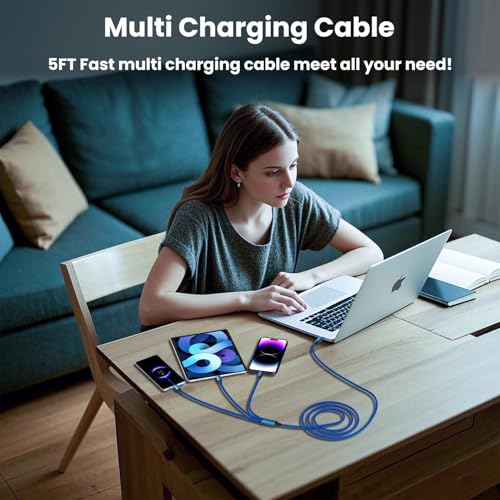 Power Up Your Devices with the 100 W USB C Multi Charging Cable – 3-in-1 Fast Charging Solution Featuring E-Mark Chip for Enhanced Safety and Universal Compatibility with USB C, Lightning, and Micro USB Devices – 5 FT Length, 2-Pack for Ultimate Convenience and Efficiency in Charging Smartphones, Tablets, Laptops, and More