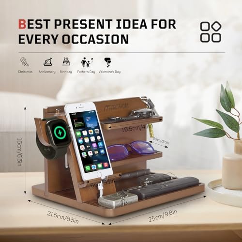Nightstand Organizer, Wood Phone Docking Station with Adjustable Rack, Bedside Desk Organizer, EDC Tray for Men, Dads, Husbands – Ideal for Anniversaries and Birthdays – Dark Brown – Enhanced Compatibility and Speed