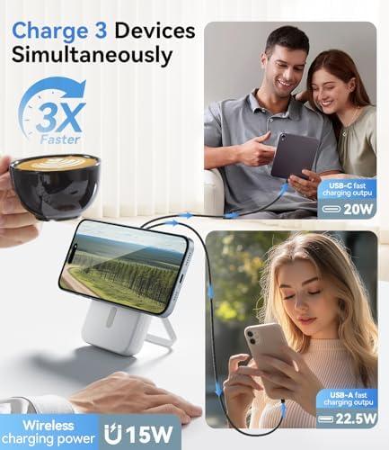 Ultra-Fast Mag Safe Battery Pack – 10,000 m Ah Magnetic Power Bank with Built-in Stand for i Phone 12-16 Series – Sleek White Design with 22.5 W USB-C Quick Charge Capability – Ideal Portable Charger for Professionals and Travelers