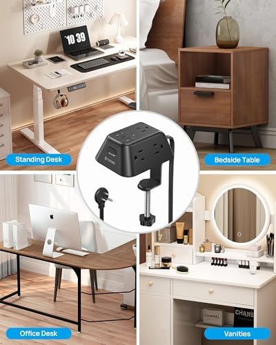 Ultimate Desk Clamp Power Strip: 5 AC Outlets & 3 USB Fast Charging Ports, Mountable Surge Protector for Home Office & Gaming, Fits 1.97″ Thick Table Edges, 6 FT Flexible Extension Cord, Enhance Productivity & Organize Your Workspace