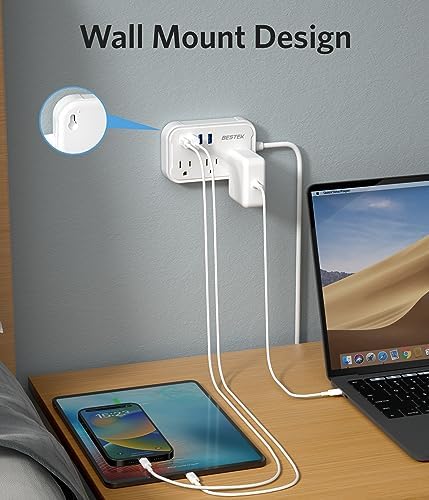 Ultimate BESTEK Type G Travel Power Adapter: 3 AC Outlets & 4 High-Speed USB Ports with 20 W PD for Rapid Charging – Ideal for Hassle-Free US to UK Travel, Compatible in Ireland, Scotland, and Hong Kong – 2.6 ft Flexible Cord for Enhanced Convenience and Multi-Device Power Solutions