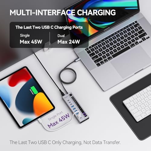 Elevate Your Tech Game with the Minisopuru 6-in-1 Powered USB C Hub – Experience Blazing 10 Gbps Data Transfer and Robust 45 W Charging for i Pad Pro, i Phone, Meta Quest Pro & More – Sleek and Compact Design with 72 W Adapter for Effortless Multi-Device Management