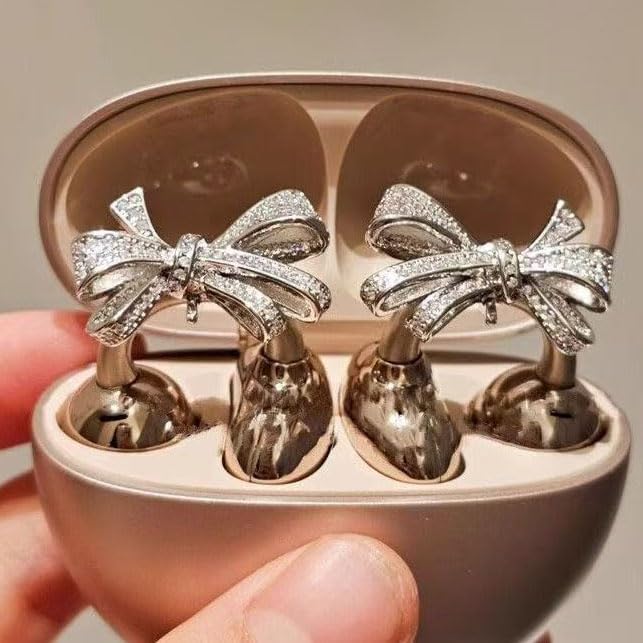 Elevate Your Earbuds with a Chic Silver Rhinestone Bow Clip-On Accessory – Customizable DIY Earbud Decor for Fashion-Forward Audio Enthusiasts – Perfect for Daily Use & Special Events