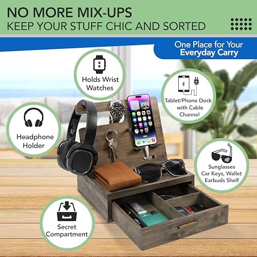 Nightstand Organizer- Rustic Bedside Organizer with Drawer for Cellphone, Watches, Headphone, Sunglasses, & Accessories- Makes an Ideal Gift for Dad or Son – Enhanced Compatibility and Speed