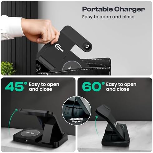 Ultimate 4-in-1 Wireless Charging Station for i Phone, Apple Watch, and Air Pods – Fast Qi-Certified Dock with Foldable Design, Extra USB Port, and Sleek Black Finish for Enhanced Device Organization and Efficiency