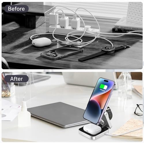Portable 3-in-1 Wireless Magnetic Charging Station – Fast Charge Dock for Phones, Smartwatches, and Earbuds – Foldable Travel-Friendly Design with Anti-Slip Base and Extra Magnetic Ring – Elegant Black & Silver Finish for Modern Aesthetics