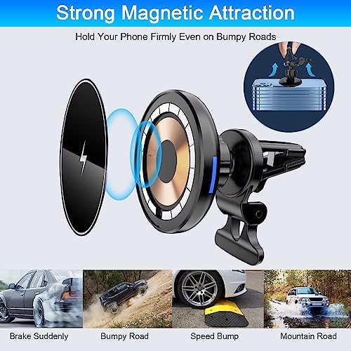 Magnetic Wireless Car Charger Mount for i Phone 16 & 15 – 15 W Fast Charging Air Vent Holder with 60 W Adapter – Secure Mag Safe Compatibility for Effortless Navigation and Hands-Free Driving