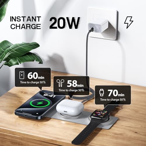 Ultimate 3-in-1 Foldable Magnetic Wireless Charger for Apple Devices – Travel-Ready Fast Charging Station for i Phone 16 Pro, Air Pods & Apple Watch Series 10, 9, Ultra, 8 – Enhanced Compatibility for All Models from i Phone 8 to 16 Pro Max Plus, Streamlined Efficiency and Portability for On-the-Go Charging