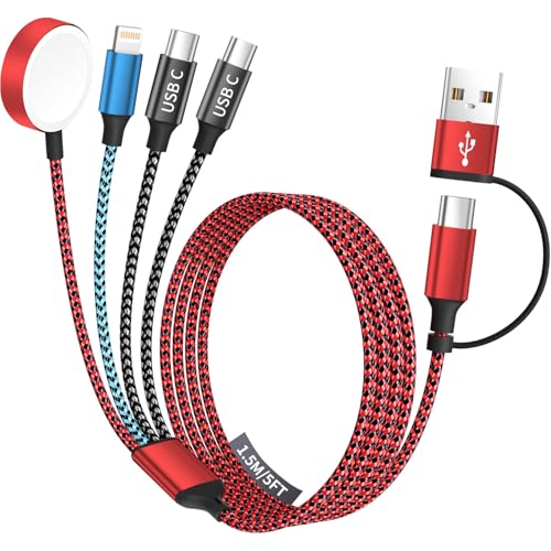 Ultimate 4-in-2 Multi-Device Travel Charging Cable – Dual USB-C & Lightning Connectors for Apple Watch and i Phone – 5 FT Length for Maximum Flexibility – Essential On-the-Go Power Solution – 2 Pack for Seamless Charging Anywhere – Experience Efficient Connectivity and Convenience
