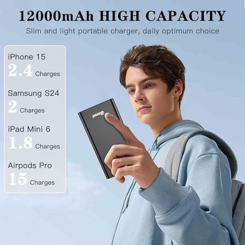 BONAI 12,000 m Ah Portable Power Bank – Ultra-Fast Charging with Dual USB-C Ports for i Phone 15/14/13/12, Galaxy Android, and i Pad – Sleek, Lightweight Design for On-the-Go Convenience and Enhanced Device Compatibility