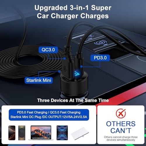 Starlink Mini 3-in-1 Cable Car Charger Adapter – 10 FT Durable DC Power Cable with Digital Voltage Display for Cars, SUVs, Trucks & RVs – USB-C PD 30 W & USB A 18 W Ports – Enhanced Compatibility for On-the-Go Charging Solutions