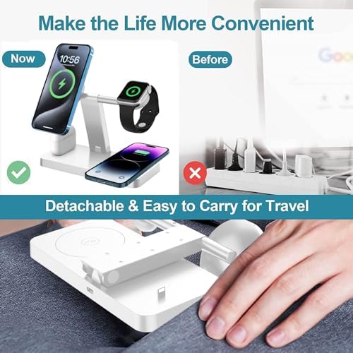 PDKUAI 4-in-1 Magnetic Charging Station – Fast Wireless Charger Stand for i Phone 16/15/14/13/12 Pro/Max/Mini/Plus, Apple Watch 10/9/8/7/6/SE/5/Ultra & Air Pods Pro/4/3 – Enhanced Compatibility with Dedicated Adapter – Sleek White Design for Home & Office