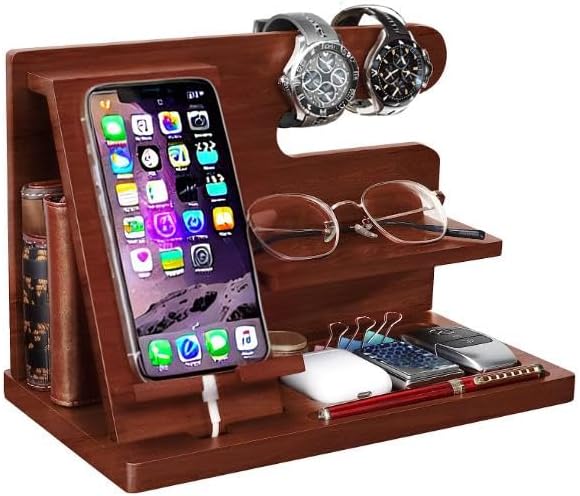 Wood Phone Docking Station for Men – Nightstand Organizer with Key Holder, Wallet Stand, and Watch Organizer – Gift for Husband, Dad, or Graduation – Enhanced Compatibility and Speed