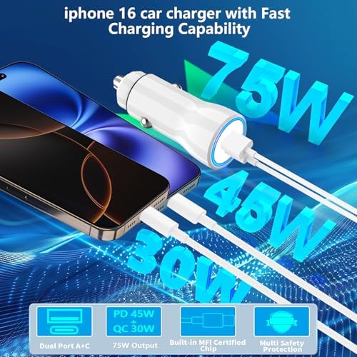 Rombica 105 W MFi Certified Dual USB-C & USB-A Fast Car Charger for i Phone 16 Pro Max – Ultimate Portable Power Solution with 6 FT Coiled Type-C Cable for Rapid Charging on the Go, Perfect for Road Trips and Daily Commuting
