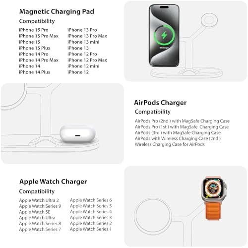 Ultimate 3-in-1 Mag Safe Wireless Charging Station for Apple Devices – Fast, Space-Saving Charger for i Phone 12-16, Apple Watch, and Air Pods – Enhanced Compatibility and Sleek Design for Organized Spaces