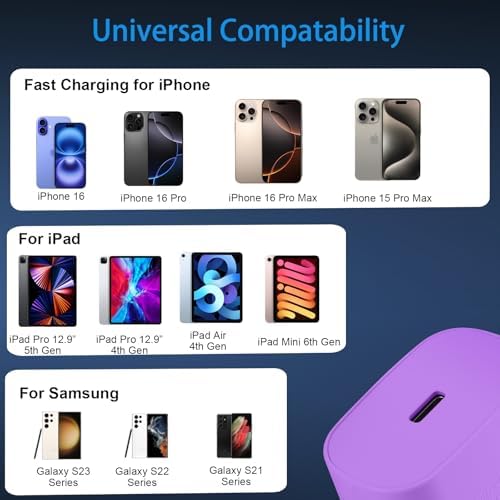 Auorld 30 W USB-C Fast Charger with 10 FT Cable – High-Performance Rapid Charging for i Phone 15/16, i Pad, Samsung Galaxy & Google Pixel – Stylish Purple Design for Maximum Flexibility and Compatibility on the Go