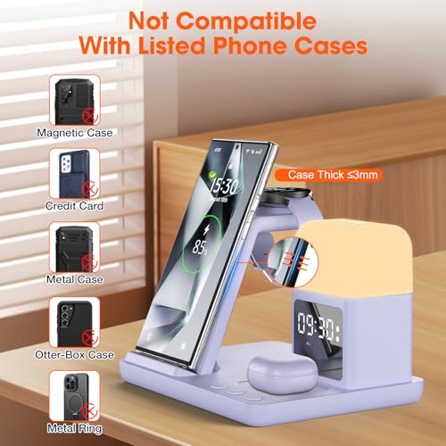 Ultimate 6-in-1 Wireless Charging Station for Samsung & Android: Fast Charger with Alarm Clock & Night Light for Galaxy S25 Ultra, S24, S23, and Samsung Watch7 – Space-Saving Design, Enhanced Compatibility, and Sleek Black Finish for Modern Living