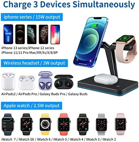 Transform Your Charging Experience with the 15 W Magnetic Wireless Charger – Ultimate 3-in-1 Qi Fast Charging Hub for i Phone 14/13/12, Apple Watch Series 7/SE/6/5/4/3/2 & Air Pods 3/2/Pro – Effortless Magnetic Alignment, Sleek Aesthetic, and Instant Use with Included Adapter – Maximize Performance and Extend Device Longevity for Home and Office Use