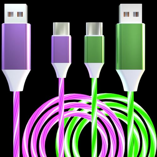 Illuminate Your Charging: 2-Pack LED USB A to C Charger Cable – Vibrant Light-Up Type C Cord for i Phone 15, Samsung Galaxy S21/S20/S10/S9/S8, Note 20, LG V30/V20/G6 – 78-Inch Durable Fast Charging Solution in Purple & Green